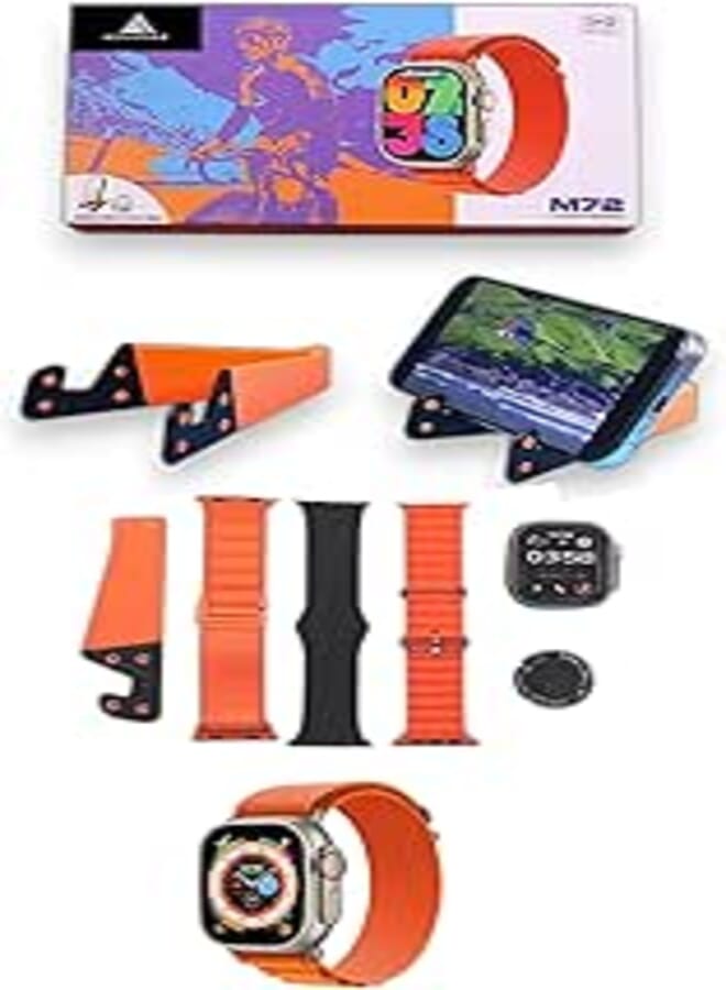 ADHOMAX Smart Watch M72 49MM HD Display, Elegant Design, New Gestures, mobile stand, ring medal, 3 straps Fitness Tracker, Calls, Wireless Charging, Heart Rate, Oxygen Monitor | IOS, android (Gold)